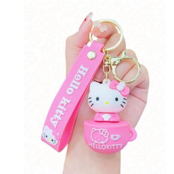 Hello Kitty Pink & White Coffee Cup Keychain – Gold-Tone Charm Wristlet Ring - Picture 1 of 2